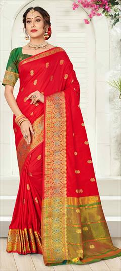 Traditional Red and Maroon color Saree in Art Silk, Silk fabric with South Weaving work : 1802723