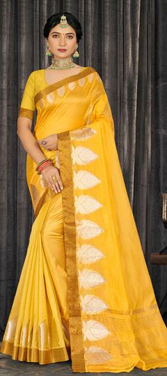 Traditional Yellow color Saree in Cotton fabric with Bengali Weaving work : 1802738