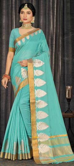Traditional Blue color Saree in Cotton fabric with Bengali Weaving work : 1802739