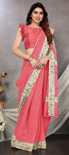 Casual, Traditional Pink and Majenta color Saree in Cotton fabric with Bengali, Rajasthani Bandhej, Printed work : 1802825