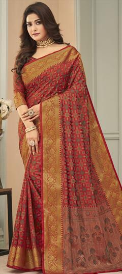 Traditional Red and Maroon color Saree in Raw Silk, Silk fabric with South Weaving work : 1802979