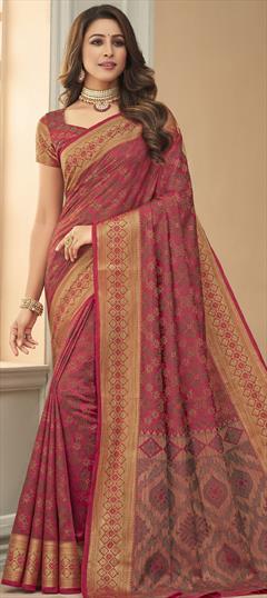 Traditional Pink and Majenta color Saree in Raw Silk, Silk fabric with South Weaving work : 1802982