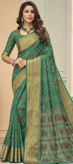 Traditional Green color Saree in Raw Silk, Silk fabric with South Weaving work : 1802983
