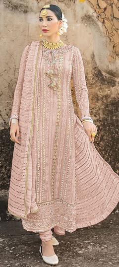 Party Wear Pink and Majenta color Salwar Kameez in Faux Georgette fabric with Churidar, Pakistani, Straight Embroidered, Lace, Thread work : 1803081