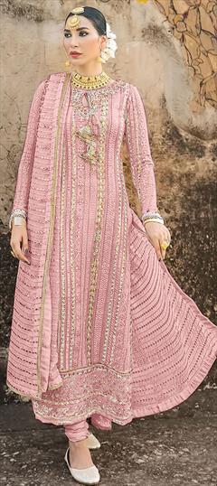 Party Wear Pink and Majenta color Salwar Kameez in Faux Georgette fabric with Churidar, Pakistani, Straight Embroidered, Lace, Thread work : 1803082