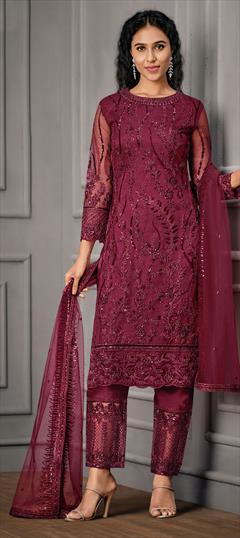 Festive, Party Wear Pink and Majenta color Salwar Kameez in Net fabric with Straight Embroidered, Stone, Thread, Zari work : 1803383