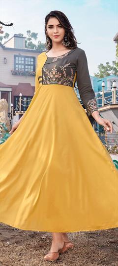 Party Wear Yellow color Kurti in Rayon fabric with Anarkali, Long Sleeve Embroidered, Thread work : 1803424
