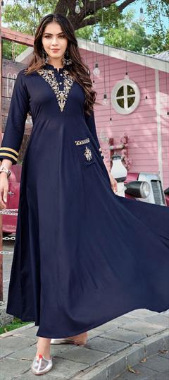 Party Wear Blue color Kurti in Rayon fabric with Anarkali, Long Sleeve Embroidered, Thread work : 1803425