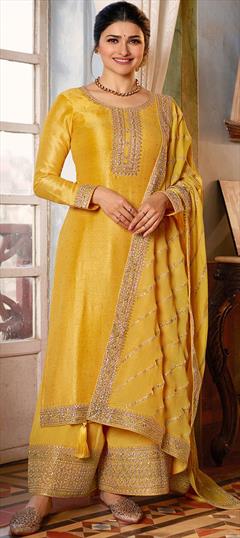 Bollywood, Party Wear, Reception Yellow color Salwar Kameez in Georgette fabric with Palazzo Embroidered, Stone, Zari work : 1803437