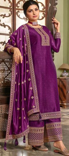 Festive, Party Wear, Reception Purple and Violet color Salwar Kameez in Georgette fabric with Palazzo Embroidered, Stone, Zari work : 1803438