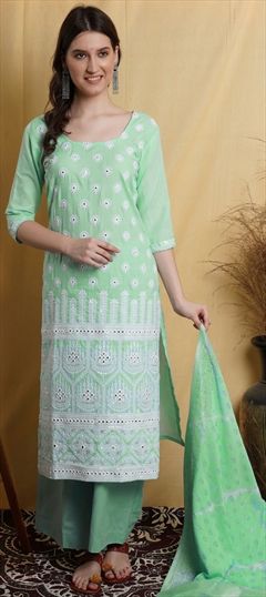 Festive, Party Wear Green color Salwar Kameez in Cotton fabric with Palazzo Mirror, Thread work : 1803507