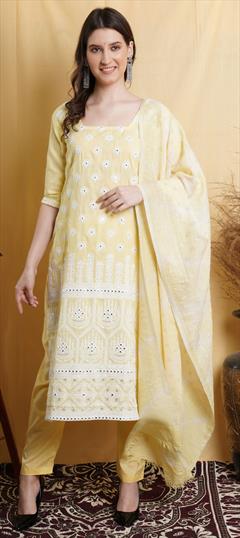 Festive, Party Wear Yellow color Salwar Kameez in Cotton fabric with Straight Mirror, Thread work : 1803510
