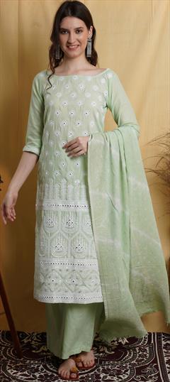 Festive, Party Wear Green color Salwar Kameez in Cotton fabric with Palazzo Mirror, Thread work : 1803512