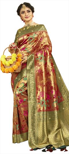 Traditional, Wedding Gold color Saree in Brocade, Tissue fabric with Half and Half, South Stone, Weaving work : 1803743