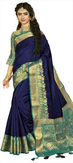 Traditional, Wedding Blue color Saree in Art Silk, Brocade fabric with Half and Half, South Stone, Weaving work : 1803744