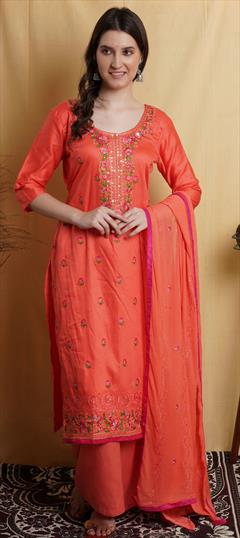 Party Wear Pink and Majenta color Salwar Kameez in Cotton fabric with Palazzo, Straight Embroidered, Resham, Sequence, Thread, Zari work : 1803752