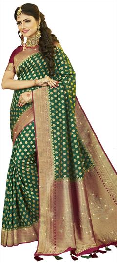 Traditional, Wedding Green color Saree in Art Silk, Silk fabric with South Stone, Weaving work : 1803766
