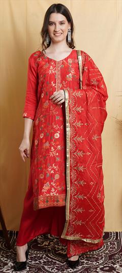 Party Wear Red and Maroon color Salwar Kameez in Blended fabric with Palazzo, Straight Weaving work : 1803767