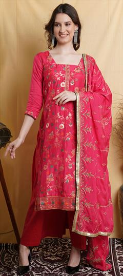 Party Wear Pink and Majenta color Salwar Kameez in Blended fabric with Palazzo, Straight Weaving work : 1803773