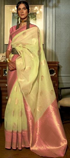 Traditional, Wedding Yellow color Saree in Linen fabric with South Weaving, Zari work : 1803788
