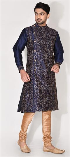 Blue color Kurta Pyjamas in Art Dupion Silk fabric with Embroidered, Resham work : 1803962