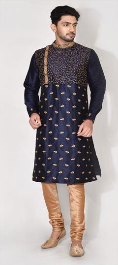 Blue color Kurta Pyjamas in Art Dupion Silk fabric with Embroidered, Resham, Thread work : 1803969