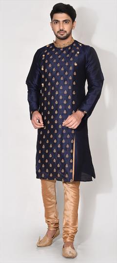 Blue color Kurta Pyjamas in Art Dupion Silk fabric with Embroidered, Resham, Thread work : 1803976