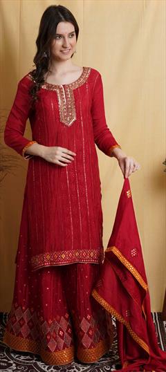 Party Wear Red and Maroon color Salwar Kameez in Chiffon fabric with Palazzo, Straight Mirror, Resham, Sequence, Thread work : 1804117