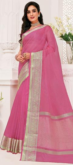 Traditional Pink and Majenta color Saree in Organza Silk, Silk fabric with South Weaving work : 1804314