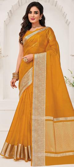 Traditional Yellow color Saree in Organza Silk, Silk fabric with South Weaving work : 1804316