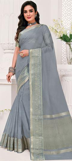 Traditional Black and Grey color Saree in Organza Silk, Silk fabric with South Weaving work : 1804318