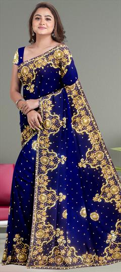 Bridal, Wedding Blue color Saree in Kanchipuram Silk, Silk fabric with South Embroidered work : 1804395