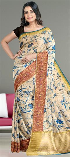 Festive Beige and Brown, Blue color Saree in Kanchipuram Silk, Silk fabric with South Embroidered, Stone, Weaving work : 1804407
