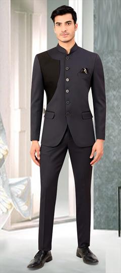 Black and Grey color Jodhpuri Suit in Rayon fabric with Thread work : 1804415