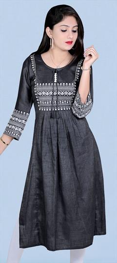 Casual Black and Grey color Kurti in Rayon fabric with A Line, Long Sleeve Embroidered work : 1804645