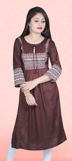 Casual Beige and Brown color Kurti in Rayon fabric with A Line, Long Sleeve Embroidered work : 1804647