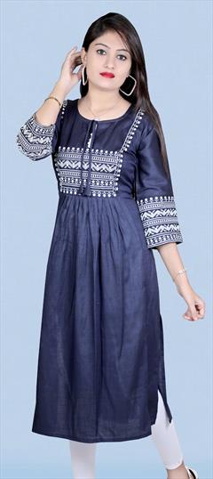 Casual Blue color Kurti in Rayon fabric with A Line, Long Sleeve Embroidered work : 1804654