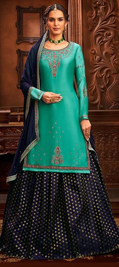 Party Wear, Reception Blue color Long Lehenga Choli in Jacquard, Satin Silk fabric with Embroidered, Thread work : 1804680
