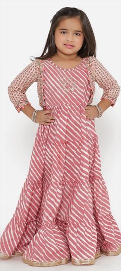 Pink and Majenta color Girls Gown in Cotton fabric with Foil Print, Printed work : 1804817