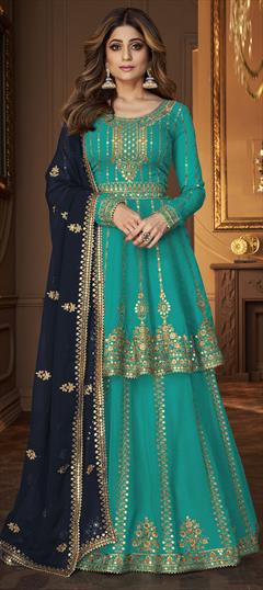 Bollywood Blue color Long Lehenga Choli in Faux Georgette fabric with Embroidered, Sequence, Thread, Zari work : 1804841
