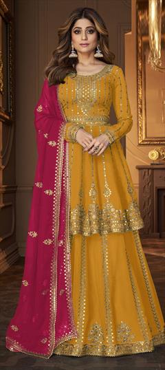 Bollywood Yellow color Long Lehenga Choli in Faux Georgette fabric with Embroidered, Sequence, Thread, Zari work : 1804842