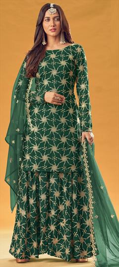 Festive, Party Wear Green color Salwar Kameez in Faux Georgette fabric with Palazzo Embroidered, Thread, Zari work : 1805080