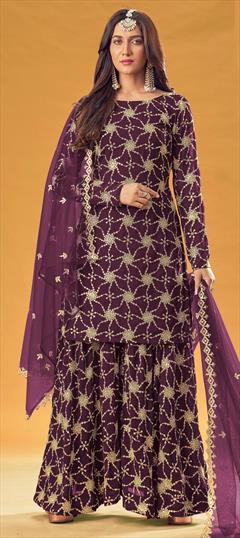 Festive, Party Wear Purple and Violet color Salwar Kameez in Faux Georgette fabric with Palazzo Embroidered, Thread, Zari work : 1805081