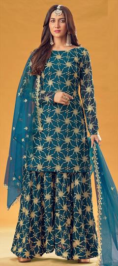 Festive, Party Wear Blue color Salwar Kameez in Faux Georgette fabric with Palazzo Embroidered, Thread, Zari work : 1805083