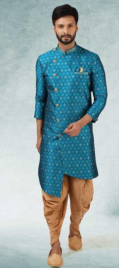 Blue color IndoWestern Dress in Brocade fabric with Weaving work : 1805139