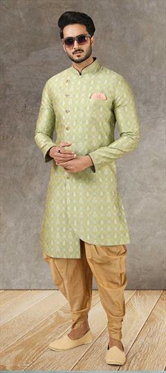 Green color IndoWestern Dress in Brocade fabric with Weaving work : 1805141