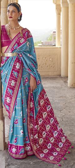 Traditional Blue color Saree in Patola Silk, Silk fabric with South Printed work : 1805299