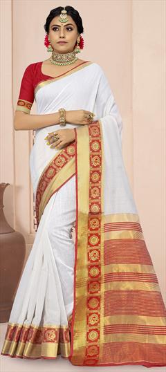 Traditional White and Off White color Saree in Cotton fabric with Bengali Weaving work : 1805438
