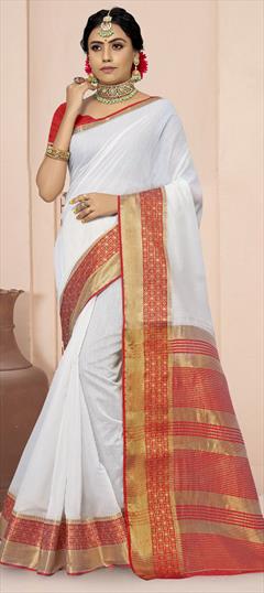 Traditional White and Off White color Saree in Cotton fabric with Bengali Weaving work : 1805446