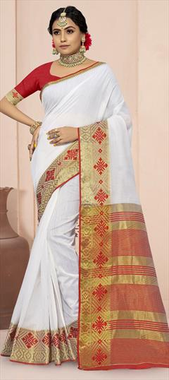 Traditional White and Off White color Saree in Cotton fabric with Bengali Weaving work : 1805448